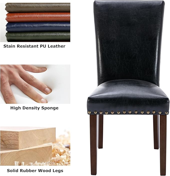 COLAMY Upholstered Parsons Dining Chairs Set of 6, PU Leather Dining Room Kitchen Side Chair with Nailhead Trim and Wood Legs - Black