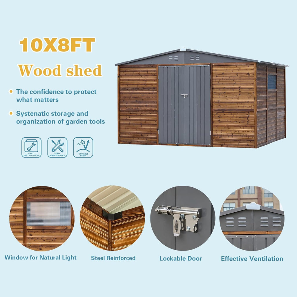 10x8 FT Wood Storage Shed, Outdoor Storage Shed with Lockable Door, Window & Vents, Waterproof Wooden Metal Tool Storage for Garden, Lawn, Backyard, Patio