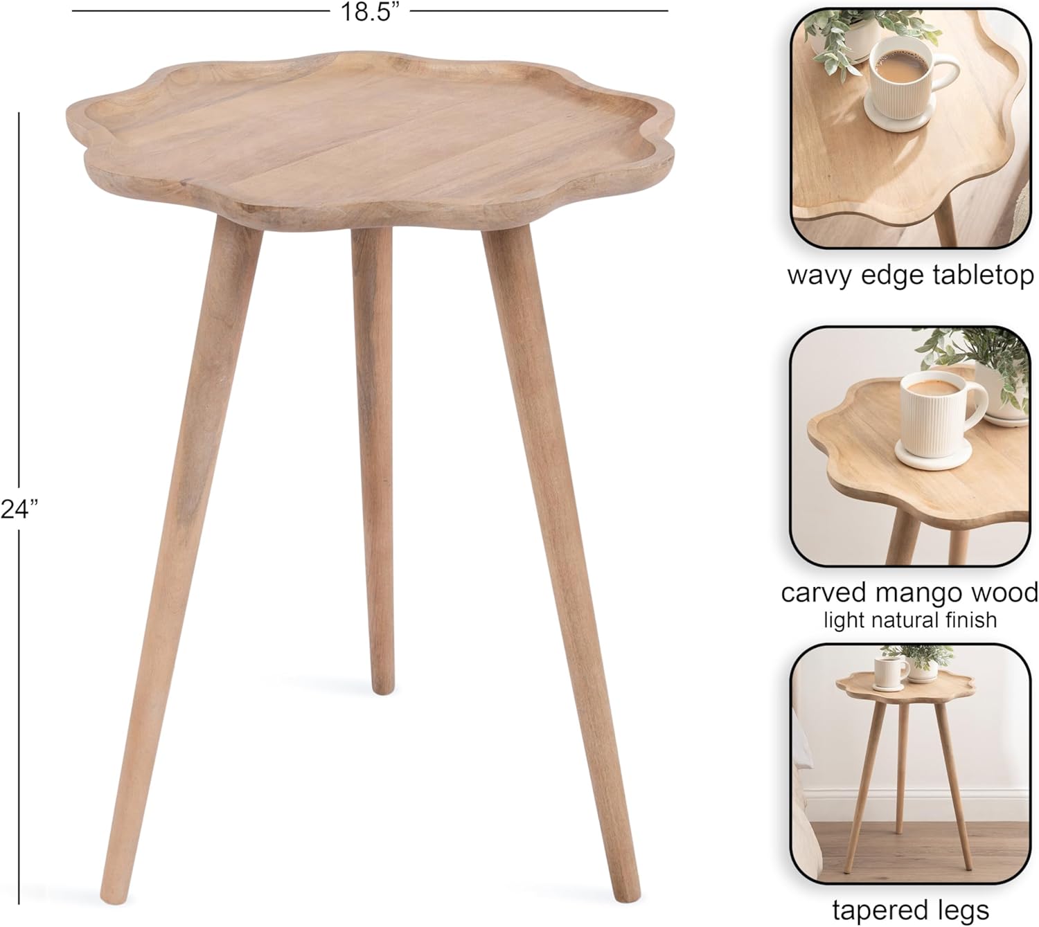 Kate and Laurel Alezar Modern Wooden Round Side Table, 19 x 19 x 24, Light Natural, Transitional Solid Wood End Table with Wavy Edge for Teen Bedroom Nightstand or Dorm Room Decor