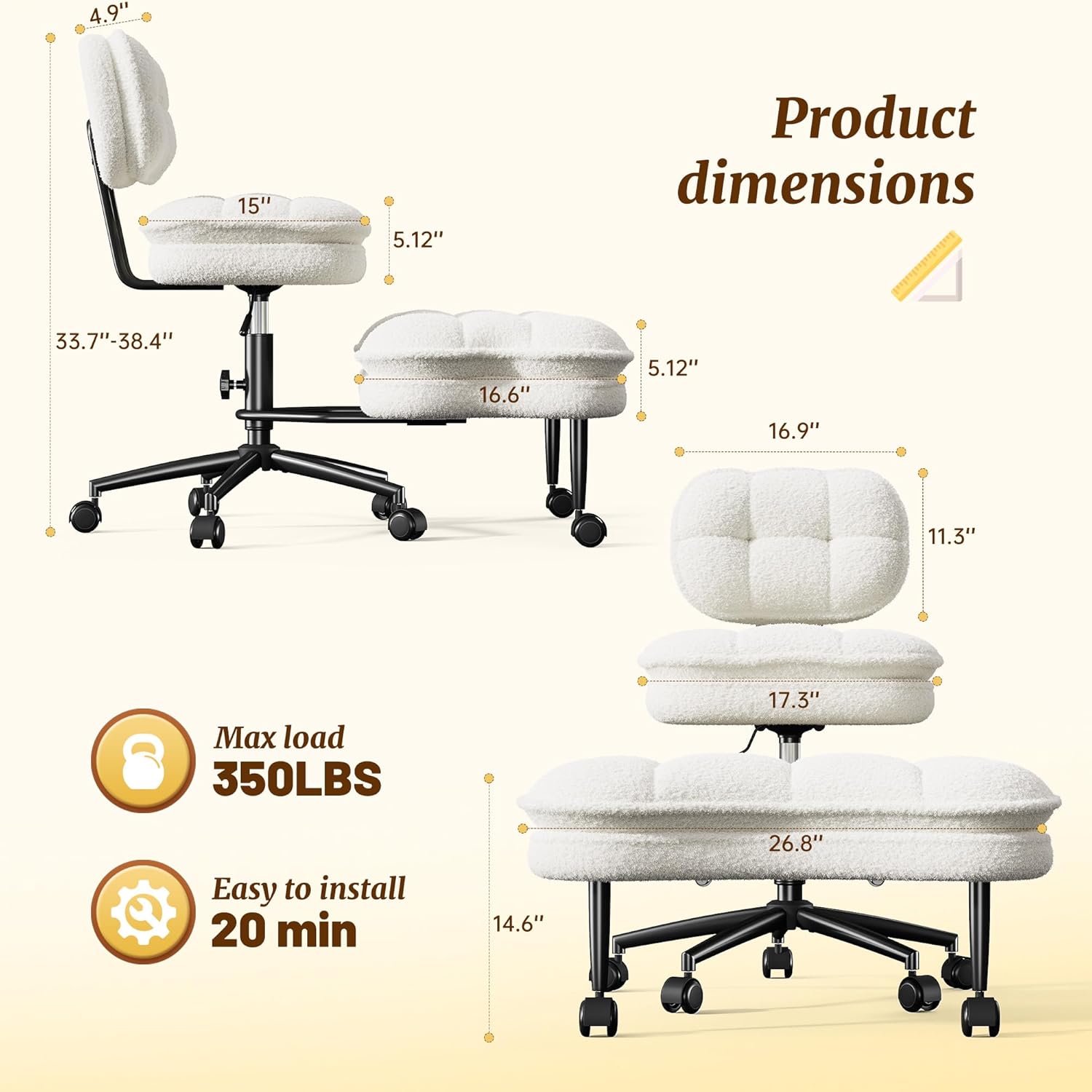 DurayLoly Cross Legged Office Chair, 360 Swivel, Folding Footrest, 5.12" Dual-Layer Plush Cushion, Height Adjustable, 300 lbs Capacity, Lumbar Support, Meditation Kneeling Chair, Off White