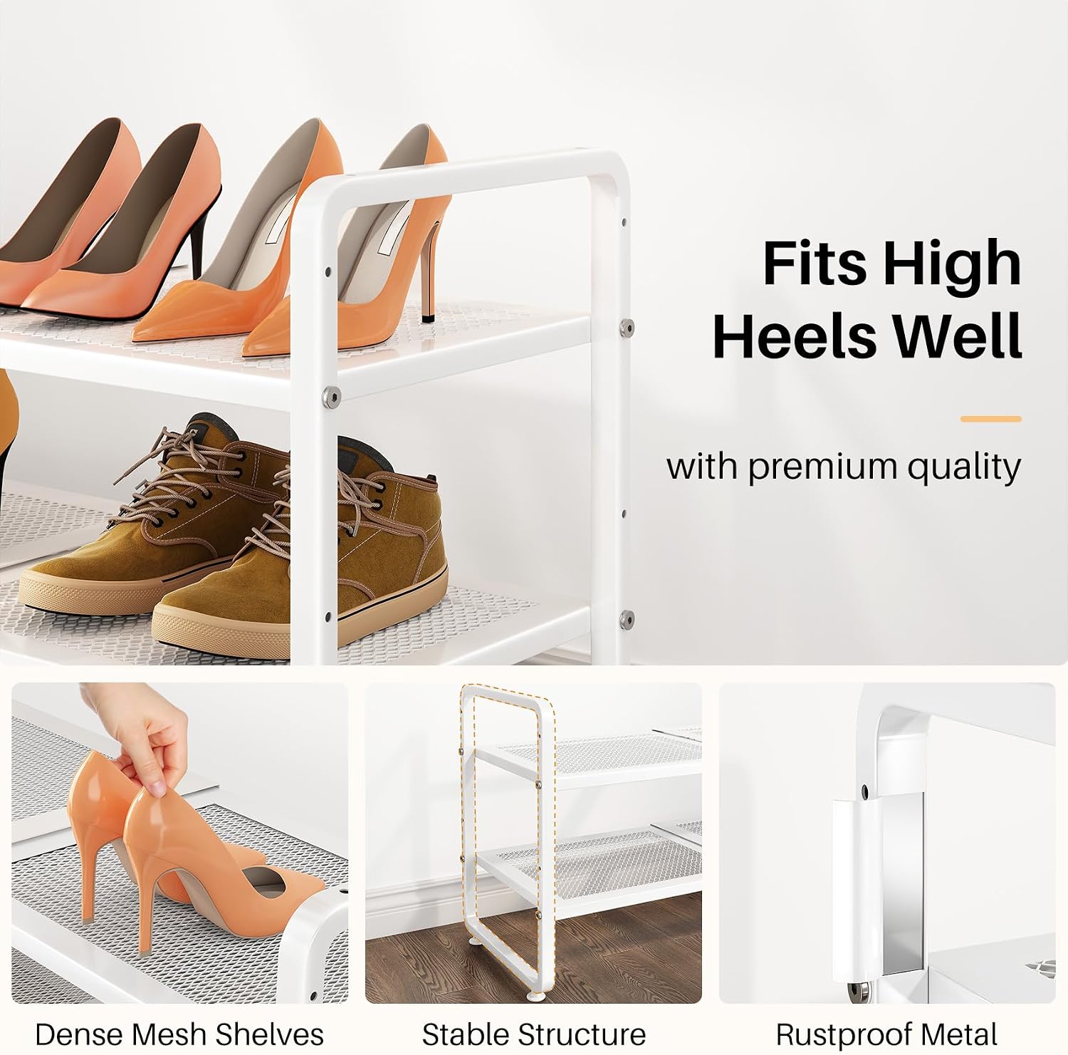 Expandable Metal Shoe Rack for Closet, Entryway & Garage, 2-Tier, White | Adjustable Height for Boots, Stackable Design, Dense Mesh Shelves for Heels, Fits Small Spaces, Apartments and Rentals