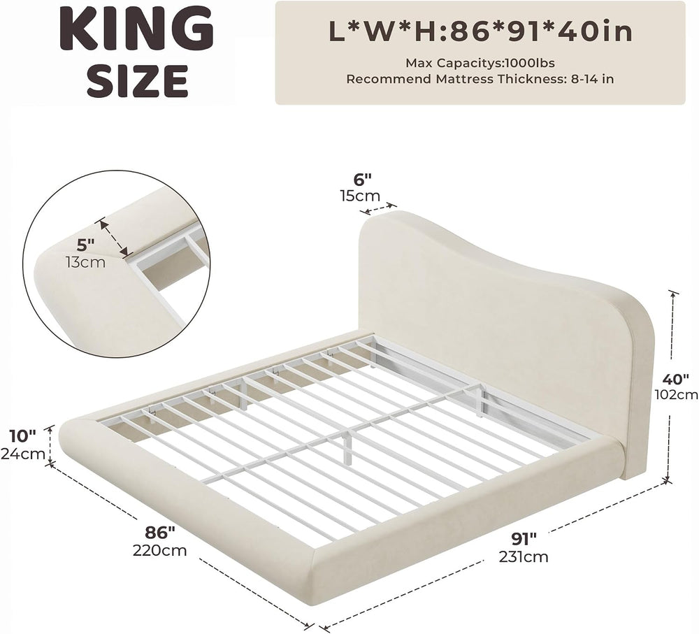 RECCI AirFrame King Upholstered Bed Frame with Camelback Curved Headboard