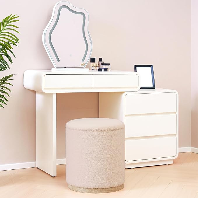 PINPLUS Round Ottoman with Storage Set of 2, Vanity Stool with Storage, Small Ottoman with Tray Teddy Velvet Foot Rest Stool Ottoman for Bedroom, Living Room, Dorm (Beige)