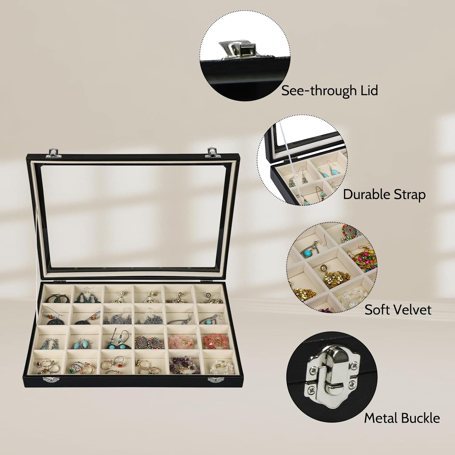 Stratalife Jewelry Tray 24 Grid Earring Organizer with Clear Lid Jewelry Holder Organizer Jewelry Organizer Box Jewelry Storage Crystal Holder For Stones Display (Beige Black)