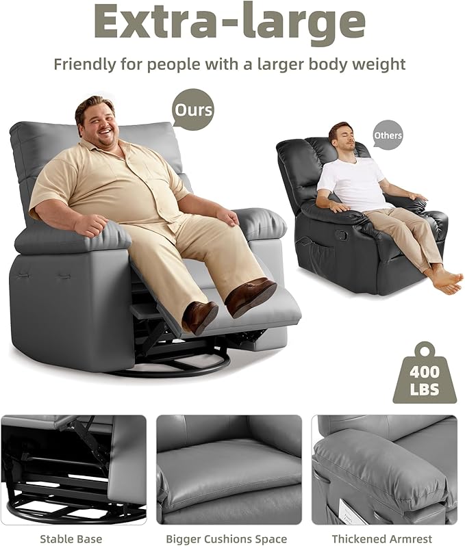 GarveeHome Oversized Rocker Swivel Recliner Chair - PU Leather Extra Wide Manual Recliner for Adults, Large Lazy Chair with 1.5X Sponge Comfort Arm and Back for Living Room, Bedroom