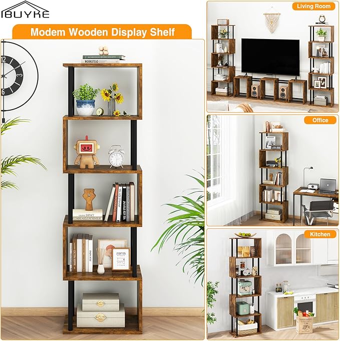 IBUYKE 6-Tier Tall Bookshelf,S-Shaped Geometric Bookcase, Wood Display Shelve...
