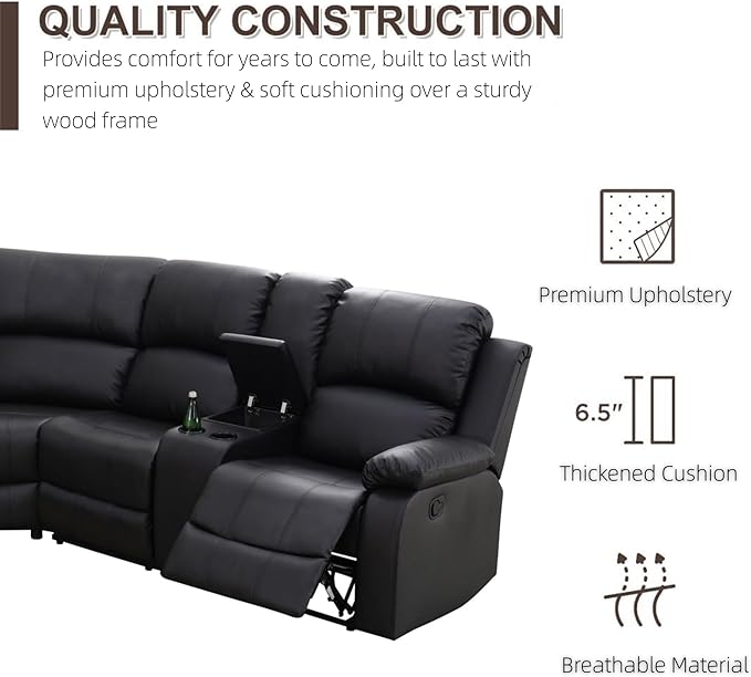 Manual Recliner Sectional Sofa Set, Bonded Leather L-Shaped Living Room Furniture Sets, Reclining Sectional Corner Couch and Recliner Chair Set for Home Office (Black, Sectional + Chair)