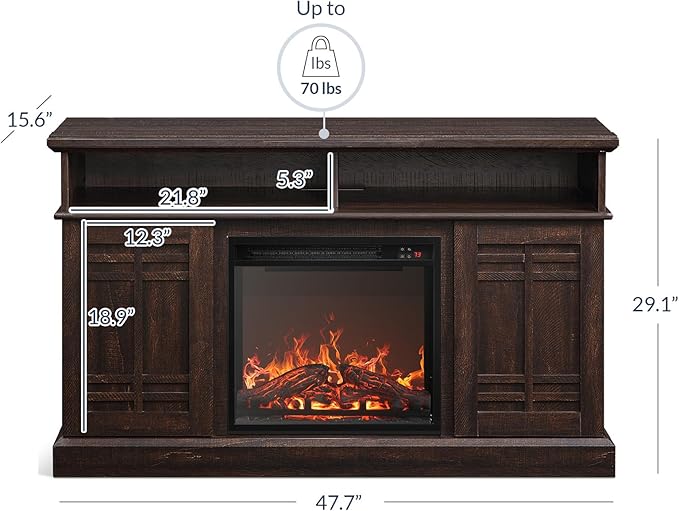 BELLEZE 48" TV Stand with 18" Electric Fireplace Heater, Modern TV Stand for TVs up to 50", Entertainment Media Stand with Open Shelves and Storage Cabinets for Living Room, Bedroom (Espresso)