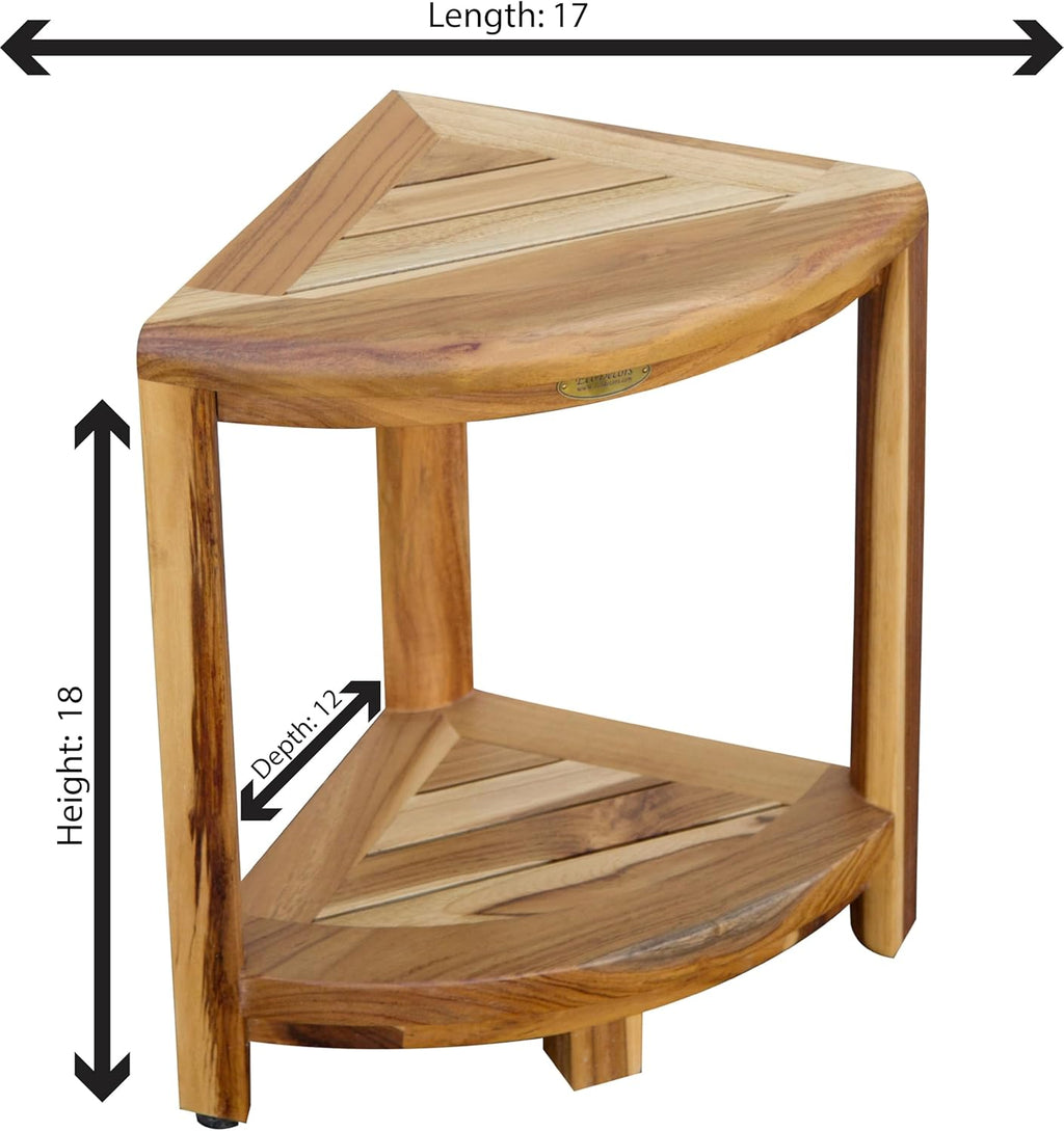 EcoDecors Fully Assembled SnazzyCorner® 18" Teak Shower Bench, Corner Shower Stool, w Shelf in Earthy Teak Finish, Compact Fit for Small Bathrooms & Walk-in Showers – Slip-Resistant Feet, Sauna Bench