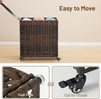 Laundry Hamper with Wheels, 39.6 Gallon(150L) Rolling Laundry Basket with Lid, 3-Section Rattan Clothes Hamper with 3 Removable Liner & 3 Mesh Bags, Laundry Sorter with Side Pocket, Brown