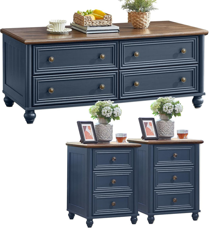 RWYHG Farmhouse Coffee Table & Night Stand Set of 3, Wood 54'' Wide Center Table & 18'' Chest of Drawers, Roman Column 3 Drawers Nightstand Set of 2, Living Room Furniture Coffee Tables Suites Blue