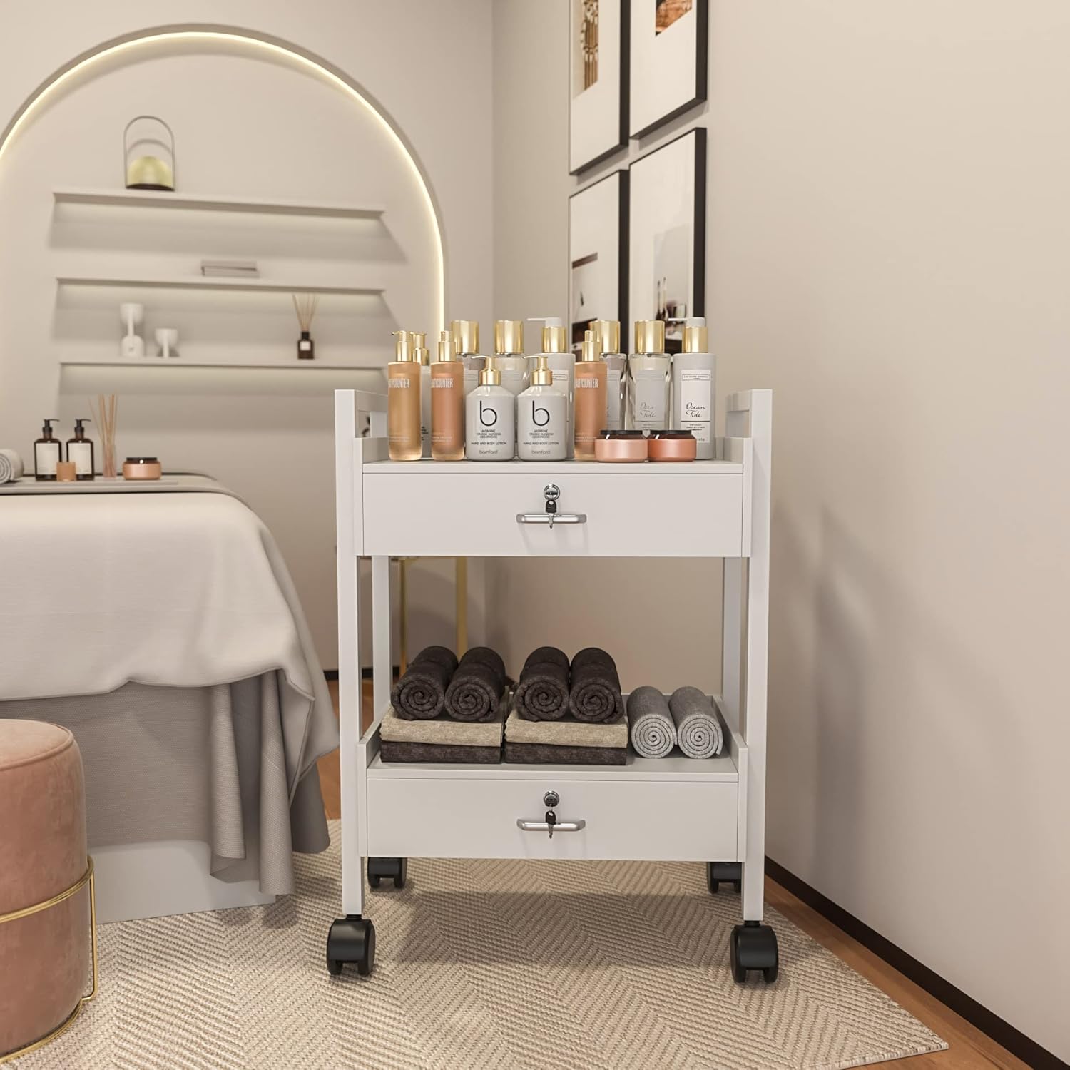 Paddie Salon Trolley Cart, Salon Tray Wooden Mobile Utility Cabinet with 2 Lockable Drawers, Rolling Storage Station Medical Esthetic Supply Holder for Beauty Spa (2 Drawers, White)