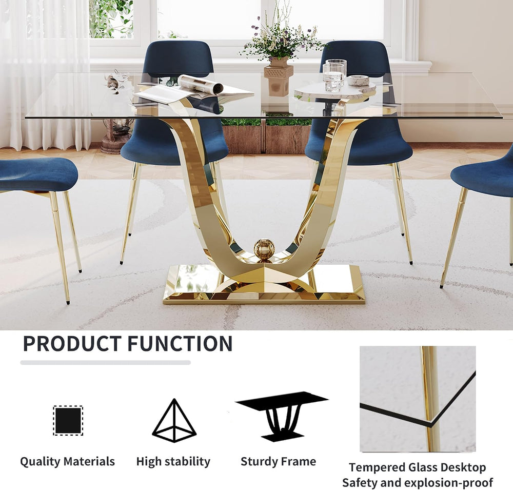 70" Modern Gold Glass Dining Table Set for 4, 5-Piece Rectangle Kitchen ...