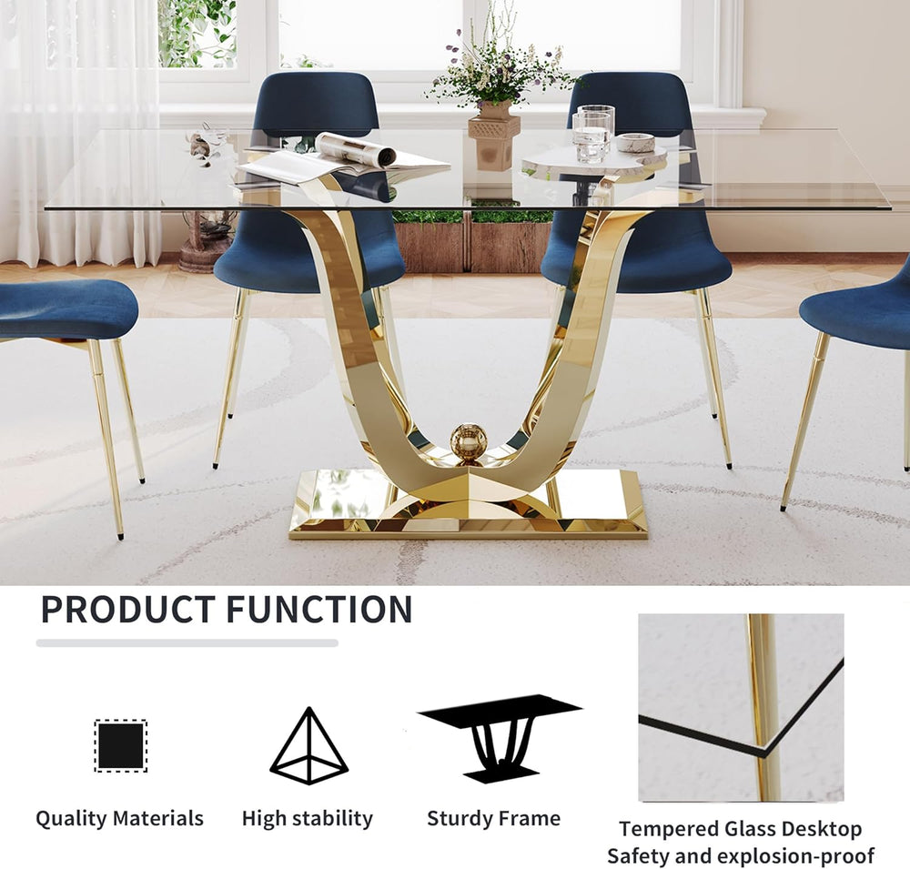 70" Modern Glass Dining Table for 6-8, Luxury Gold Glass Dining Room Tab...