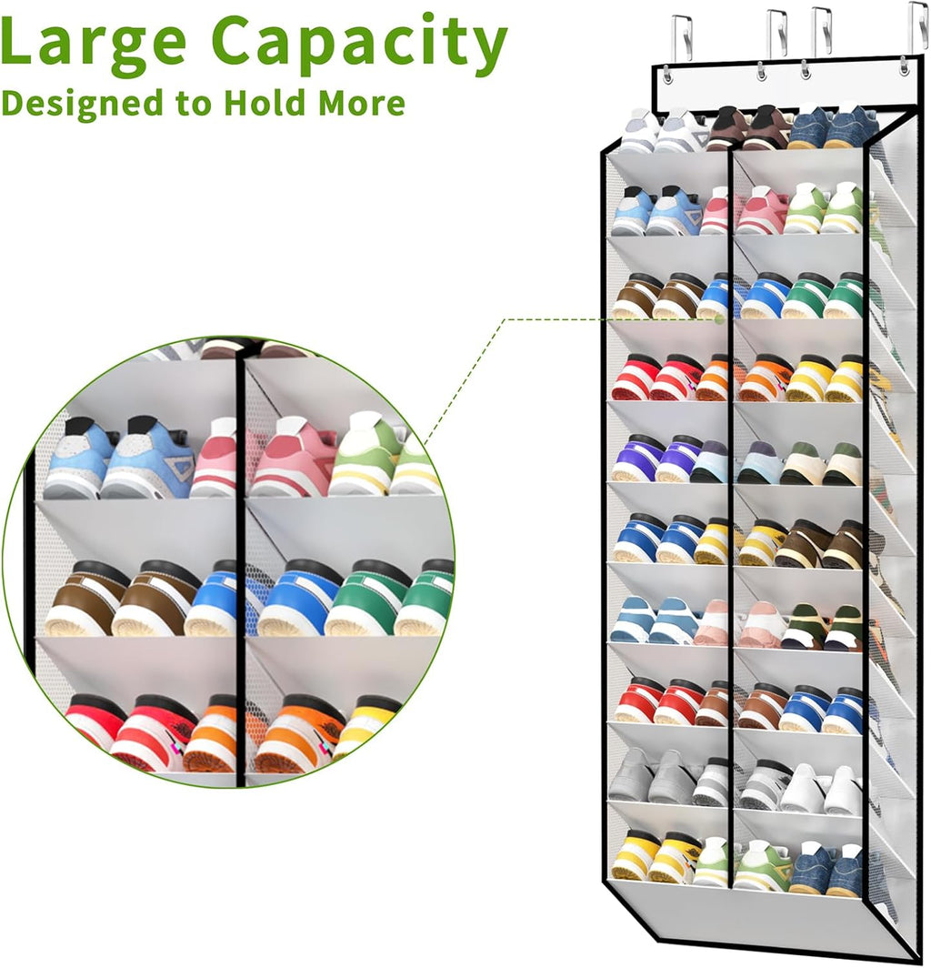 KEEPJOY 20-30 Pairs Over the Door Shoe Organizer, Mesh Hanging Shoe Rack for Door Storage with 20 Wide Deep Pockets,10-Tier White Door Shoe Holder Fits Sneakers, Boots.