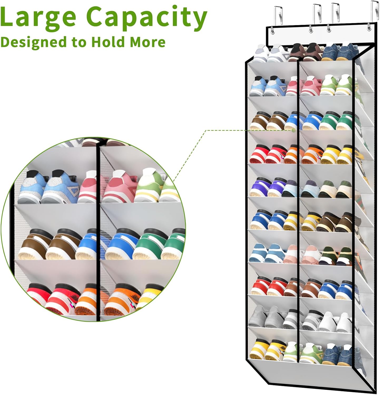 KEEPJOY 20-30 Pairs Over the Door Shoe Organizer, Mesh Hanging Shoe Rack for Door Storage with 20 Wide Deep Pockets,10-Tier White Door Shoe Holder Fits Sneakers, Boots.