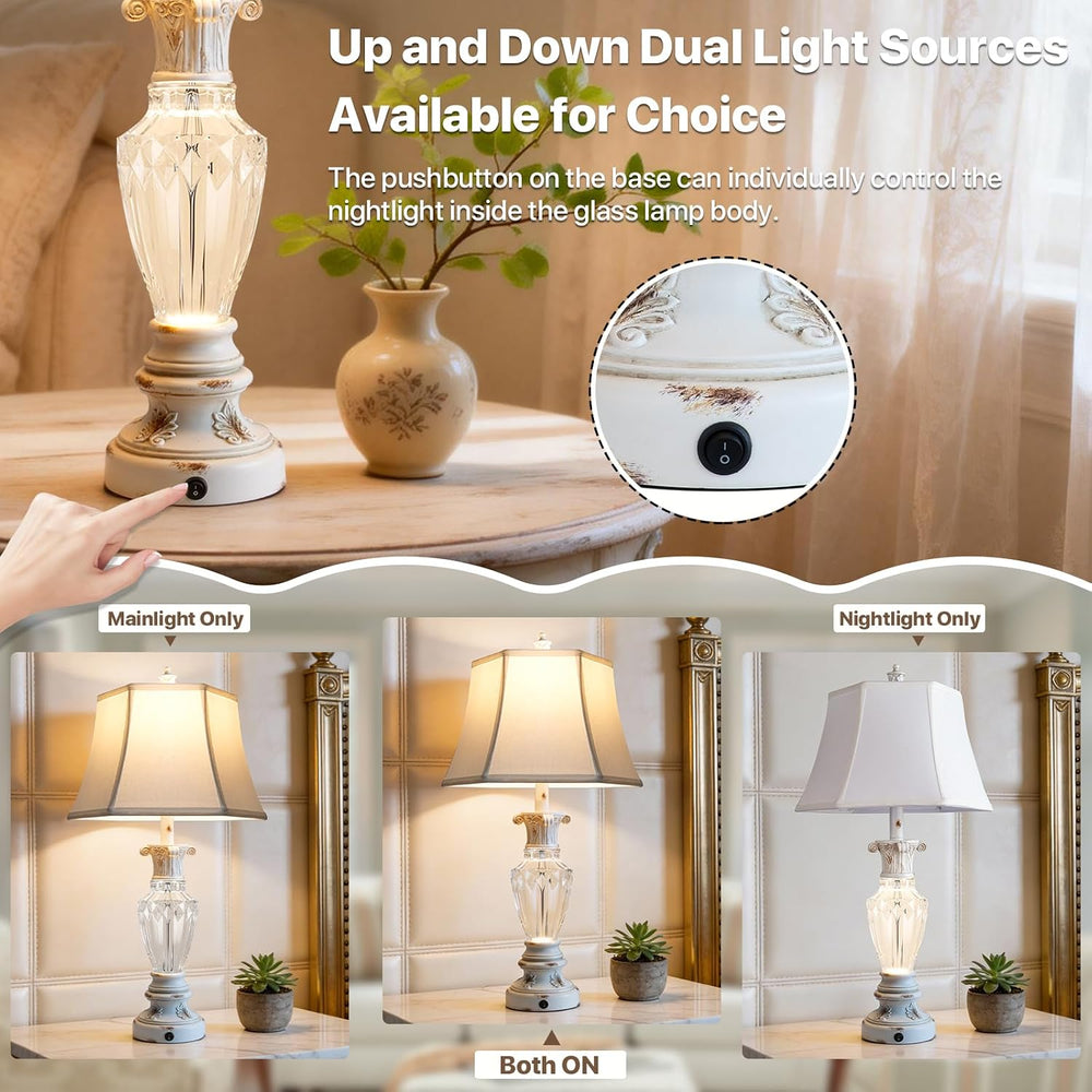 28.5" Table Lamps Set of 2 White Resin Glass Nightstand Lamp with USB Port