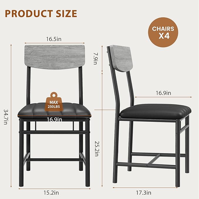 Industrial Dining Chairs Set of 4 - Upholstered Dining Room Chairs with PU Leather, Kitchen Chairs with Wooden Backrest and Thickened Metal Legs, for Dining Room, Living Room（Gray）
