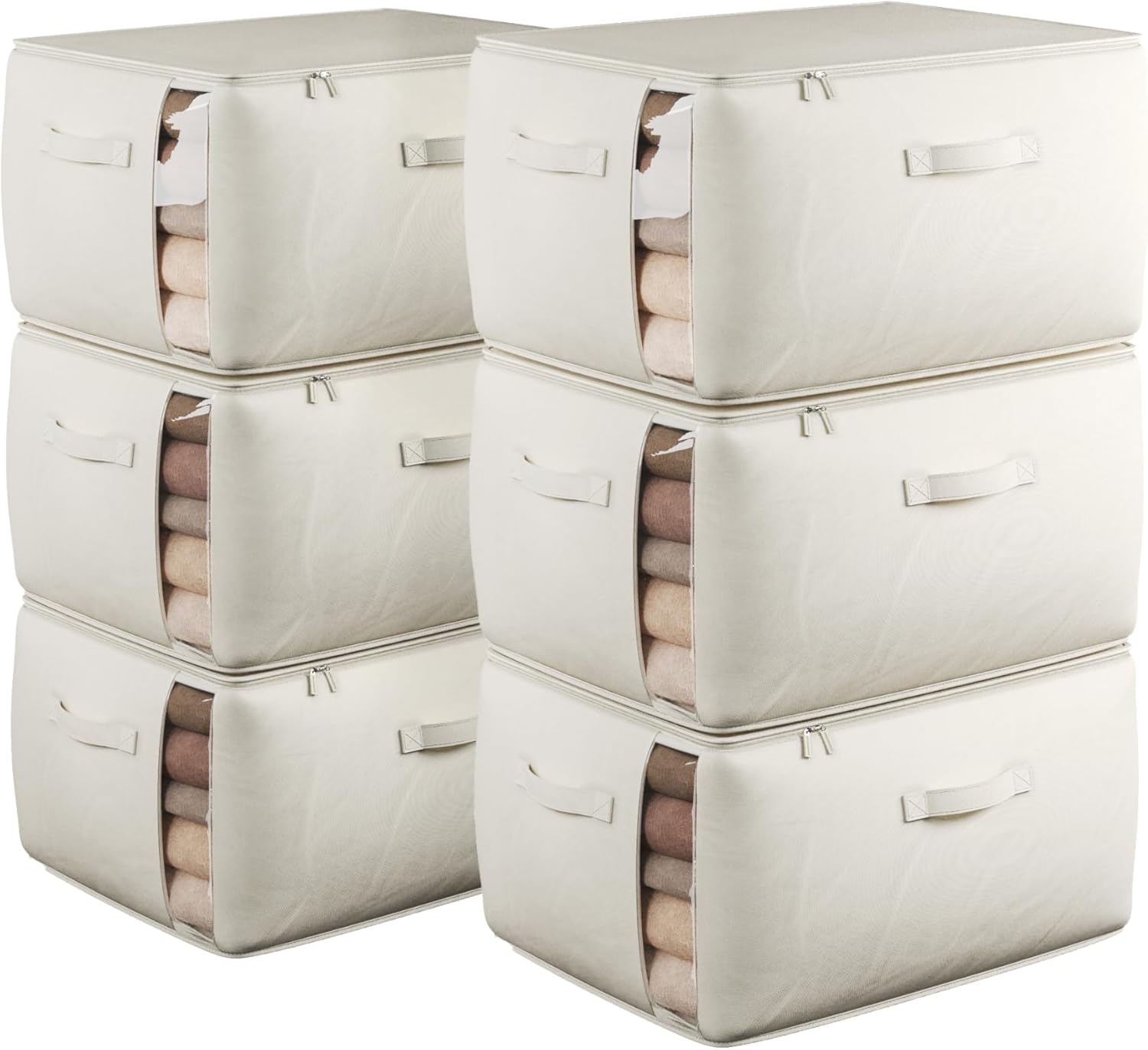 Large Canvas Clothes Storage Bags with Thick Handles and Clear Window, Foldable Cotton Linen Closet Organizer for Clothing, Blankets and Bedding, 70L, 6 Pack, Beige