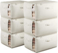 Large Canvas Clothes Storage Bags with Thick Handles and Clear Window, Foldable Cotton Linen Underbed Closet Organizer for Clothing, Blankets and Bedding, 60L, 6 Pack, Beige