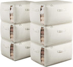 Large Canvas Clothes Storage Bags with Thick Handles and Clear Window, Foldable Cotton Linen Underbed Closet Organizer for Clothing, Blankets and Bedding, 60L, 6 Pack, Beige