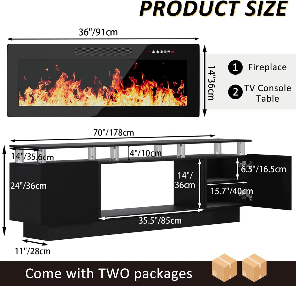 70" Fireplace TV Stand for TVs up to 80 Inches with 36'' Electric Fireplace & Remote, Modern Entertainment Center with LED Light,Woodeen TV Console for Living Room, 8 Acrylic Posts, Black