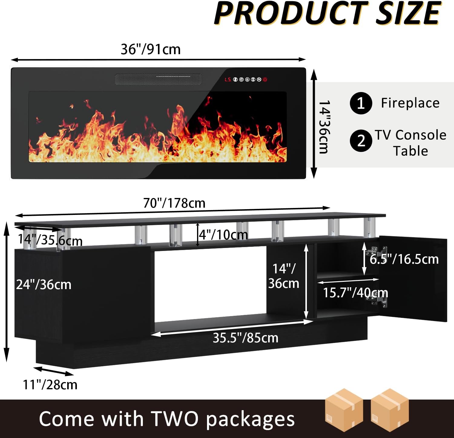 70" Fireplace TV Stand for TVs up to 80 Inches with 36'' Electric Fireplace & Remote, Modern Entertainment Center with LED Light,Woodeen TV Console for Living Room, 8 Acrylic Posts, Black