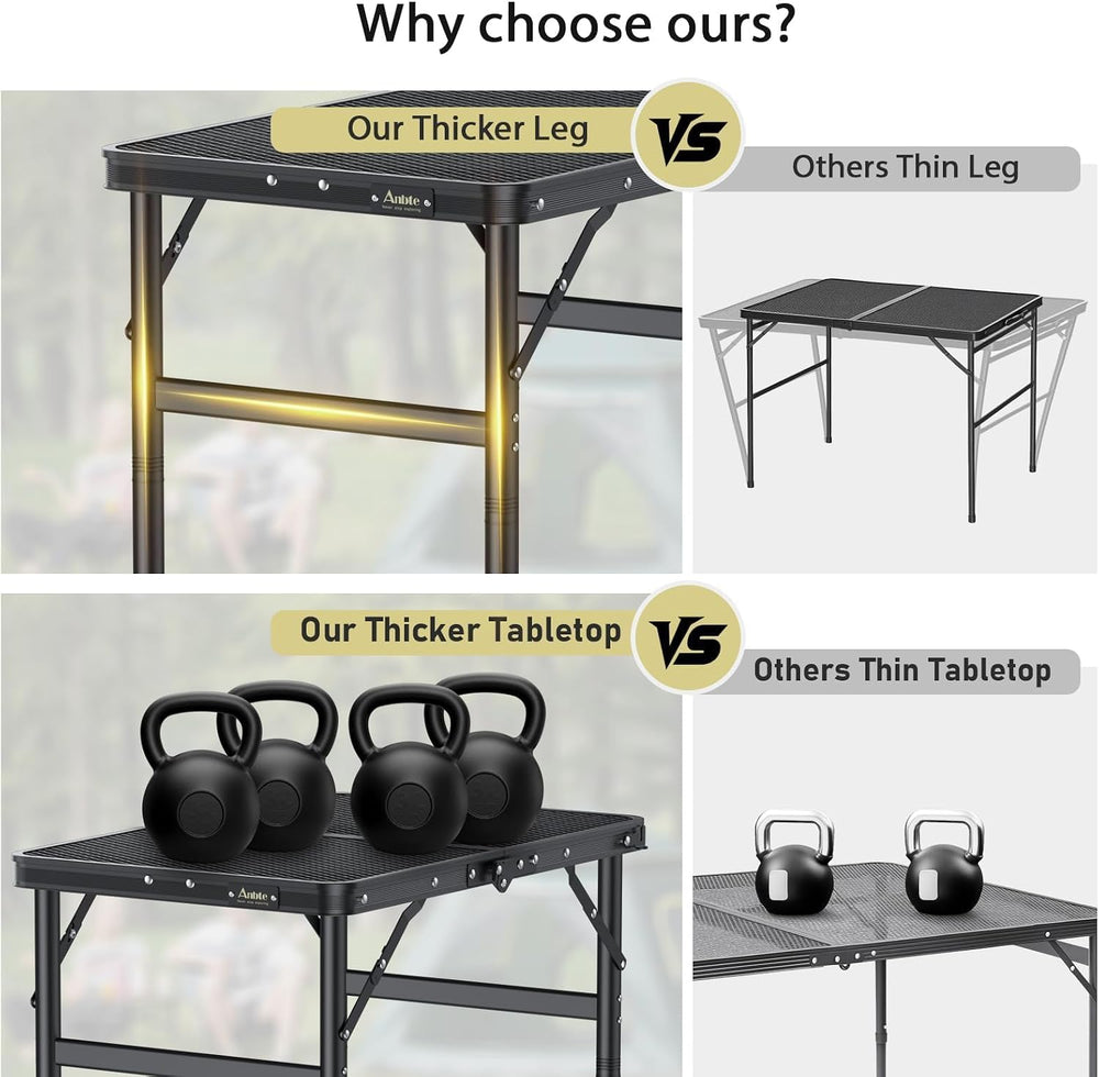 Anbte 2ft Folding Camping Grill Table Max 29.5", 3 Adjustable Height, Bl...