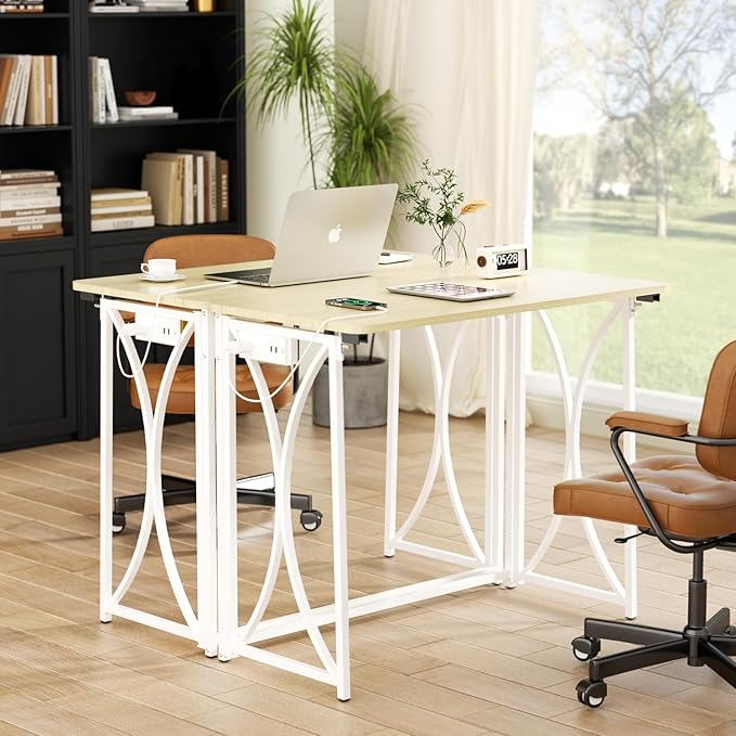 Folding Table, 31.5" Small Desk for Bedroom with Power Outlet, Space Saving Foldable Computer Desk for Home Office, Easy Assembly, Beige