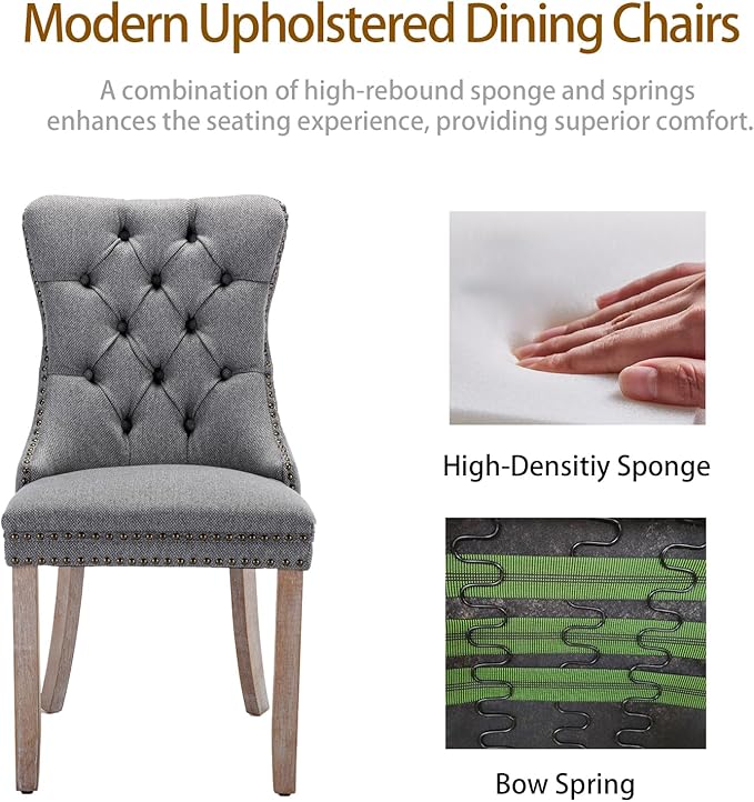 Grey Dining Chairs Set of 4, Upholstered Tufted Linen Fabric Dining Room Chairs with High Back, Nailhead Trim and Solid Wood Legs, Modern Dining Chair for Dining Room, Kitchen(Grey)