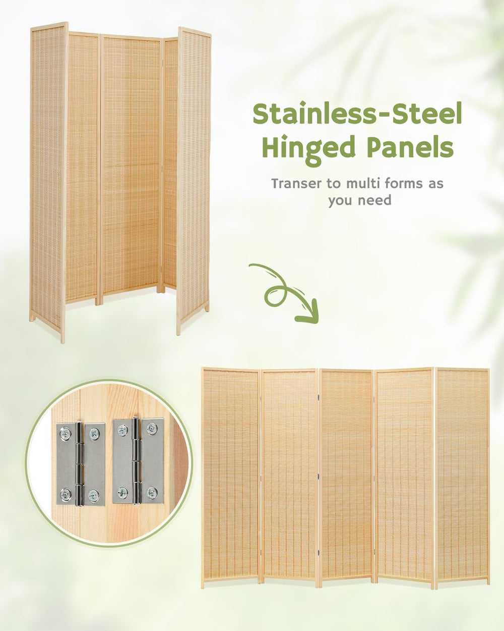 JOSTYLE Bamboo Room Divider, 5-Panel Folding Privacy Screen, 6 ft. Tall
