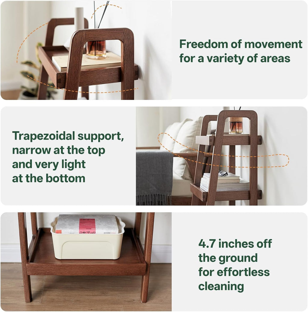 100% Solid Wood 3-Tier Ladder Shelf, Small Bookcase, Storage End Table, Open Display Stand for Living Room, Bedroom, Kitchen, Bathroom (Walnut Color)