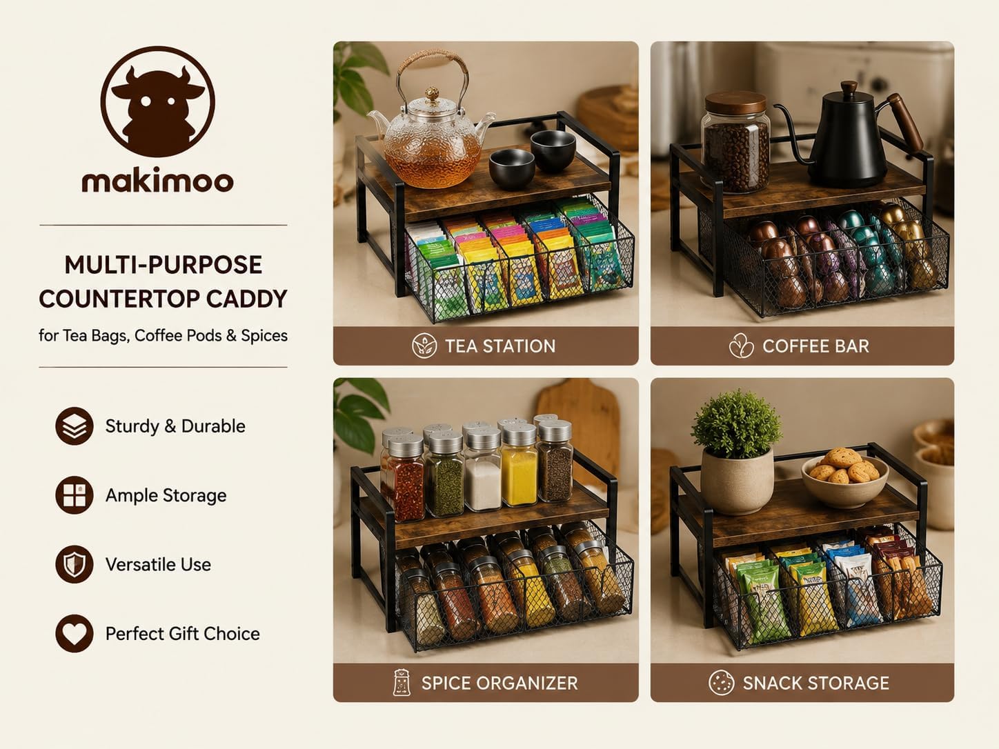 Wood & Matte Black Metal Tea Bag Organizer with Drawer, 8 Compartments Tea Storage Holder with Top Tray, Multi-Purpose Countertop Caddy for Tea Bags, Coffee Pods & Spices
