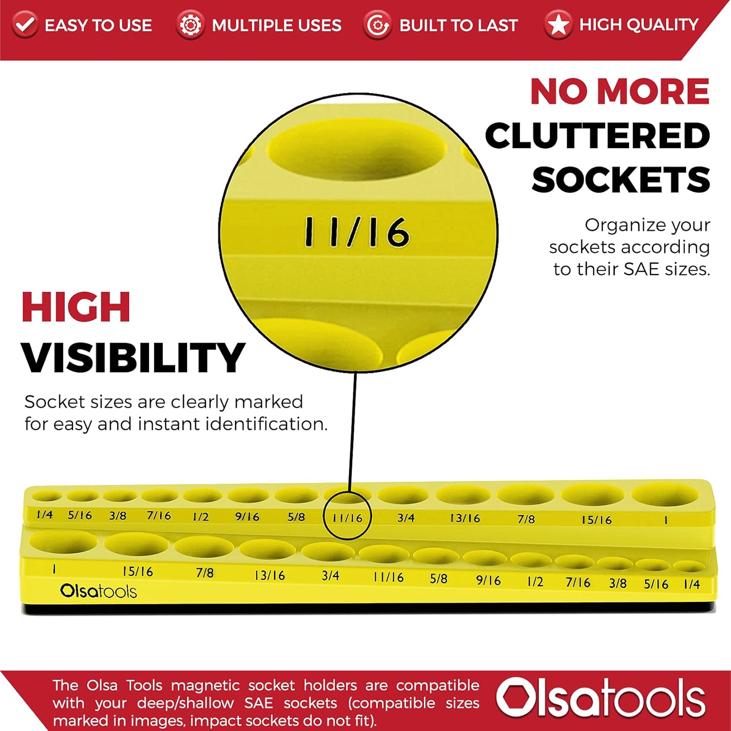 Olsa Tools Magnetic Socket Organizer | 3/8-inch Drive | SAE | Yellow | Holds 16 Sockets | Professional Quality Tools Organizer