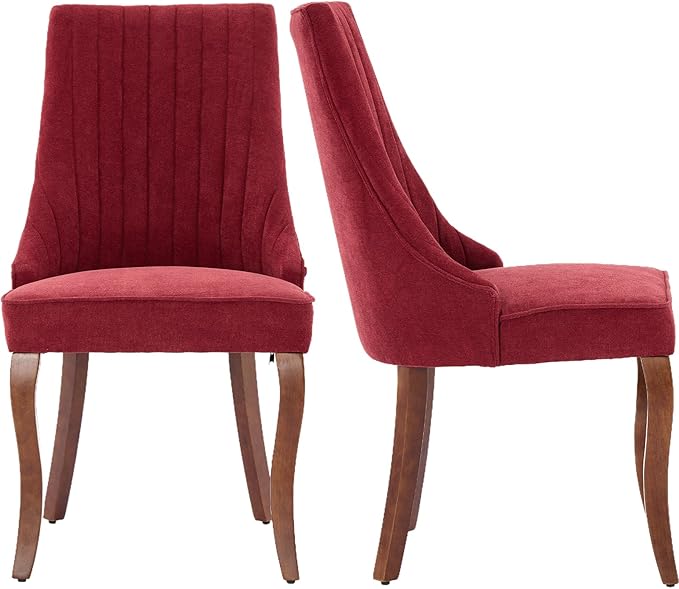 Burgundy Mid Century Dining Chairs Set of 2, Modern Kitchen & Dining Room Chairs Set of 2, Linen Upholstered Kitchen Chairs, Sillas de Comedor, Wood Legs (Wine Red, 2 Pcs)