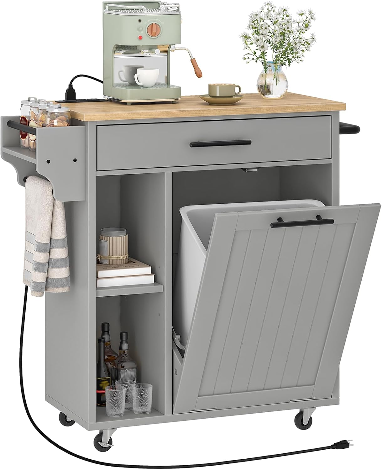 HOOBRO Kitchen Island with Trash Can Storage, Rolling Kitchen Island on Wheels, Mobile Island Cart with Power Outlet, Islands Table for 10 Gallon Garbage Bin, White and Grey GN80UZD01G1