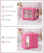 Homde Christmas Gifts Jewelry Box 360° Rotating, Necklace Earring Organizer with Transparent Window, Mirror, 7 Drawers, Large Ring Display Storage Case for Girls Women (Pink)