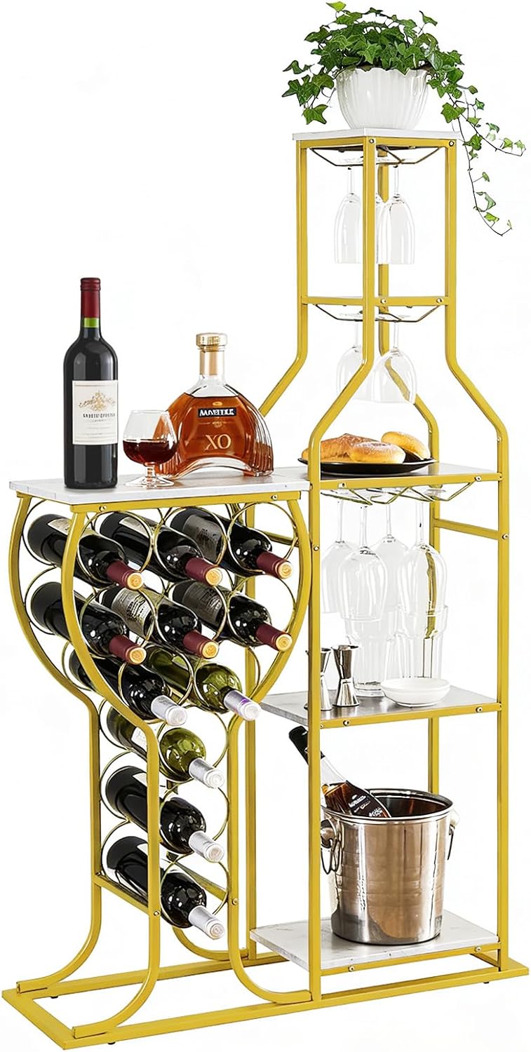 5-Tier Wine Rack Freestanding Floor, 11 Bottles Modern Wooden Wine Holder-Storage Cabinet for Home Bar, Kitchen, Dining Room Space Saving Bar Stand with Easy Assembly.(Gold/White)