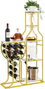 5-Tier Wine Rack Freestanding Floor, 11 Bottles Modern Wooden Wine Holder-Storage Cabinet for Home Bar, Kitchen, Dining Room Space Saving Bar Stand with Easy Assembly.(Gold/White)