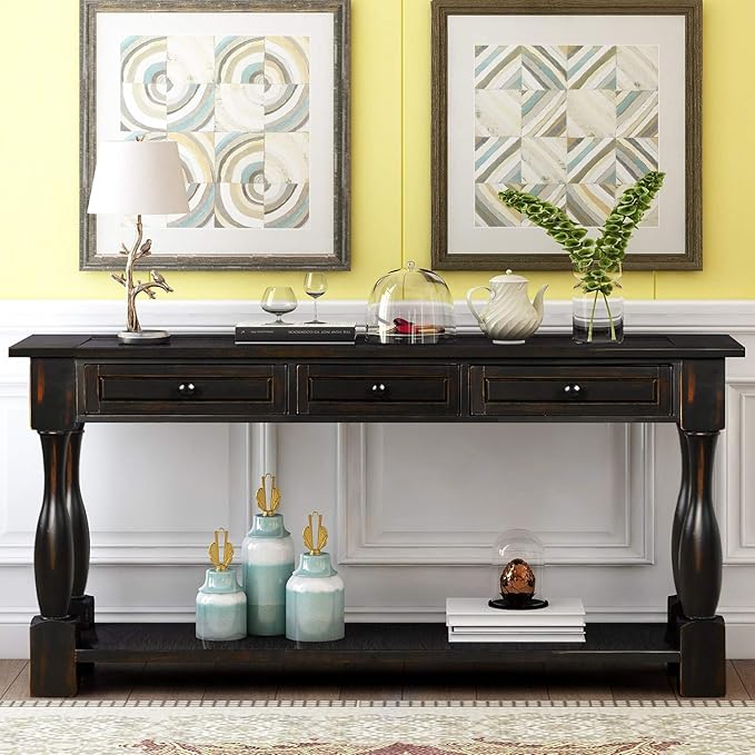 Merax Wood Farmhouse Entry Way Hallway Table with Drawers and Bottom Shelf Narrow Long Sideboard for Living Room (Distressed Black)