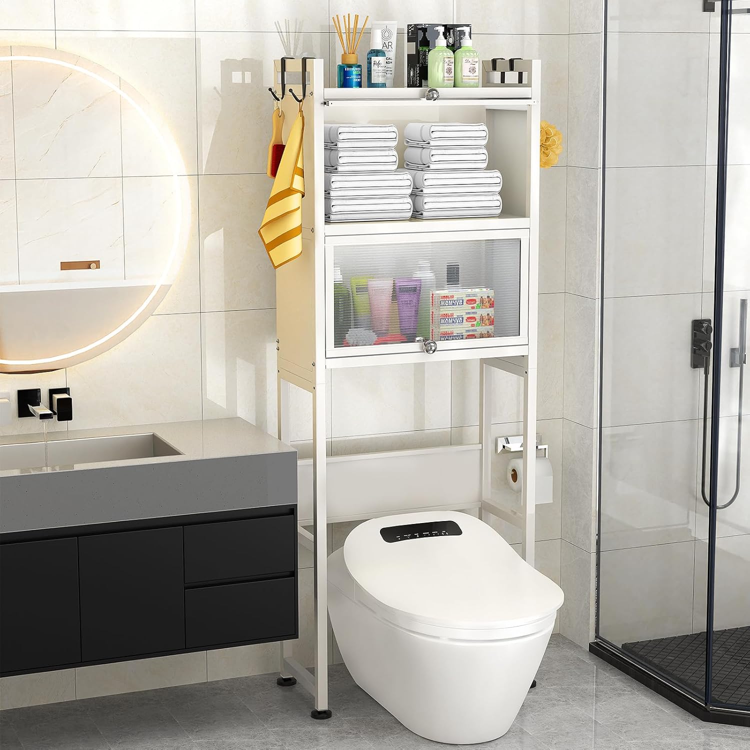 ZZL Over The Toilet Storage Cabinet,3-Tier,Bathroom Toilet Organizer,Waterproof, Cabinet Door Design,Freestanding Space Saver with 4 Hooks for Bathroom,White