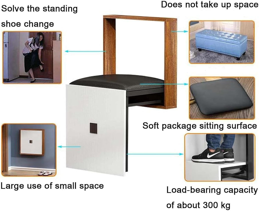 Wall Mounted Folding Chair Solid Step Stools, Folding Wall Hang Balcony Living Stool, Space Saving Hidden Wall Stools, Folding Entryway Stool,Black