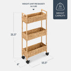 Best Choice Products 3-Tier Slim Water Hyacinth Rolling Nursery Caddy w/Wheels, Handwoven Utility Cart, Narrow Storage Organization for Bathroom, Craft Room, Laundry Room - Natural