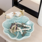 Fordonral Ceramic Jewelry Tray Trinket Dish Decorative Cute Bird & Lotus Leaf Ring Holder Dish Aesthetic Room Vanity Decor (Blue)
