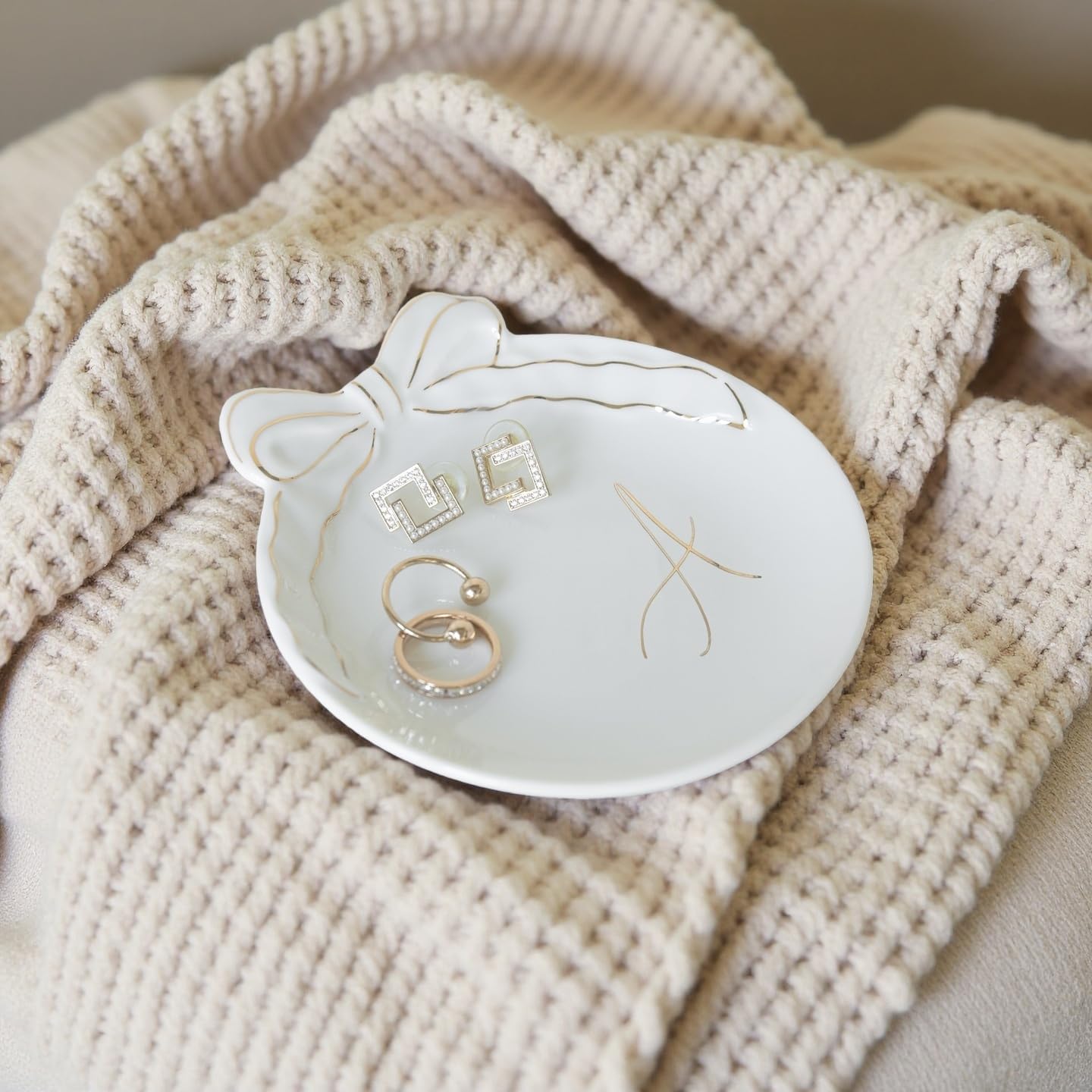 COLLECTIVE HOME - Personalized Initial Ceramic Jewelry Tray with Bow, Christmas Gift Ideas for Women, Small Gift for Girlfriend Wife, Ring Holder, Earrings Dish, Birthday Gift for Her (N)