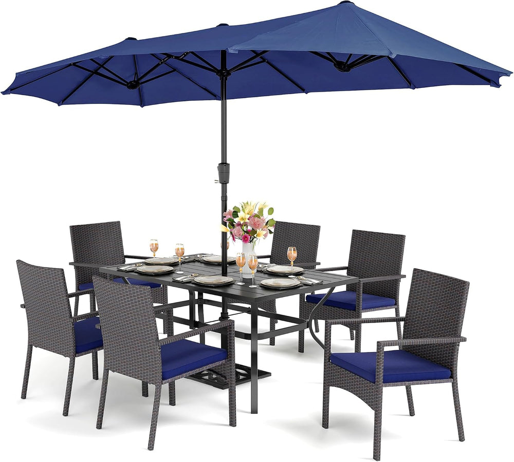 PHI VILLA 7-Piece Patio Set with 13ft Blue Umbrella, 6 Rattan Chairs