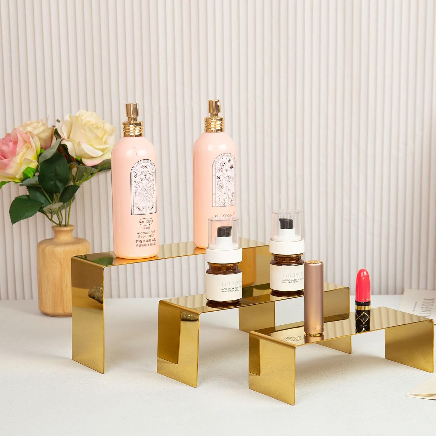 Purse Display Stand, 3 Gold Risers Display Stands Stainless Steel, Heavy Duty Countertop Shoes Stand Handbag Holder Risers for Home Boutique Retail Store Vendor Display Bags Perfume Jewelry Craft