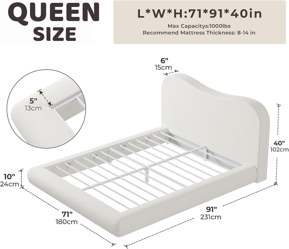 RECCI AirFrame Queen Upholstered Bed Frame with Camelback Curved Headboard