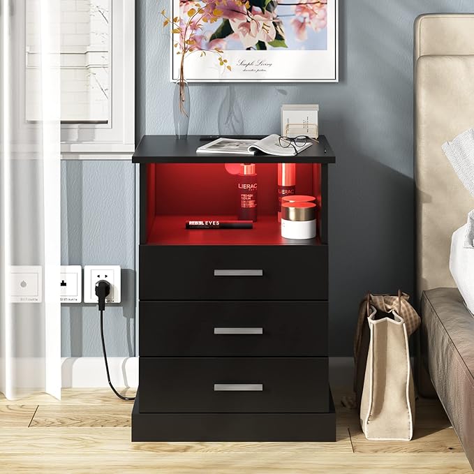Black LED Nightstand with Charging Station, Side Table with 3 Drawers and Light, End Table with Open Storage, Beside Cabinet for Bedroom (Black 2 Set)