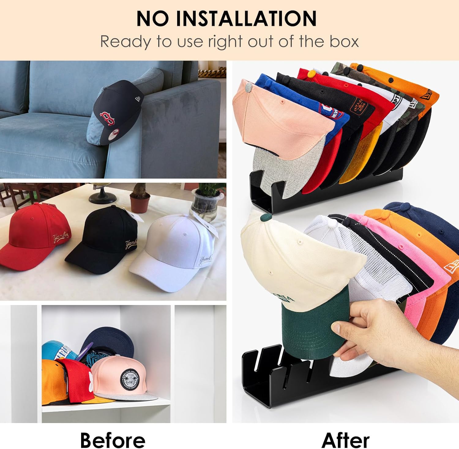 HAYVAN Hat Organizer for Baseball Caps 2 Packs, Acrylic Cap Storage Holder for Ball Cap, Golf Cap, Trucker Hat - Install-free | Easy Grab | Gift Idea | Minimalist(Black)